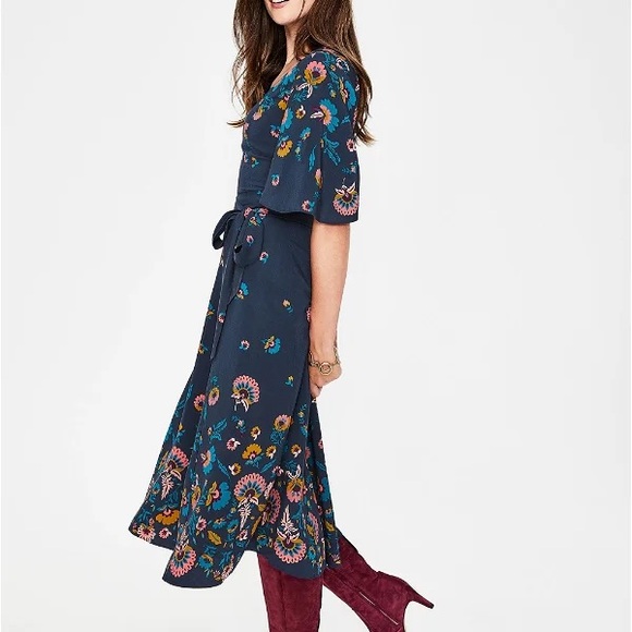 BODEN Emilie V Neck Midi Dress Navy Blue Flourish Pink Floral Size US 8R UK12R - Picture 12 of 16